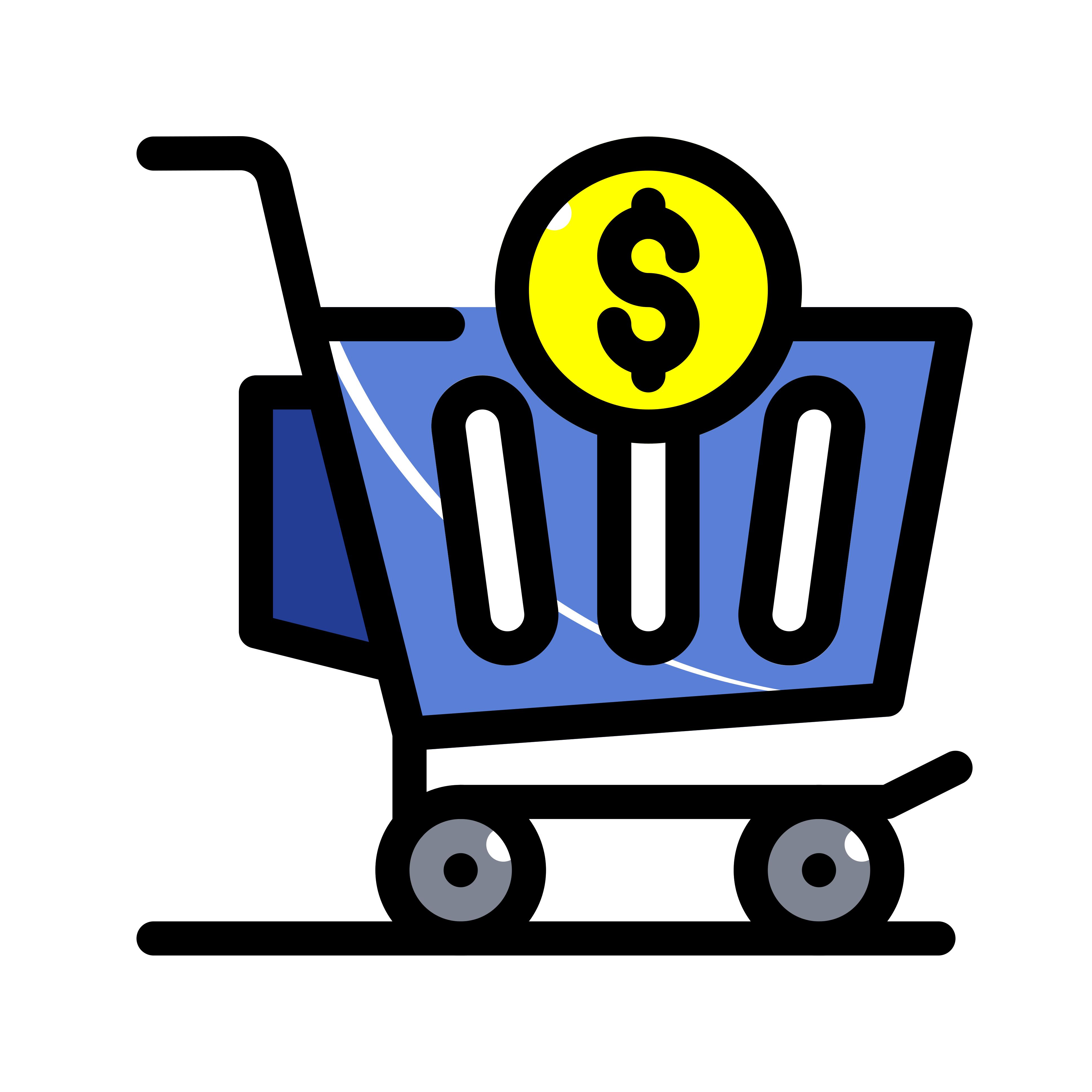A steel cart with a large green dollar sign above it.