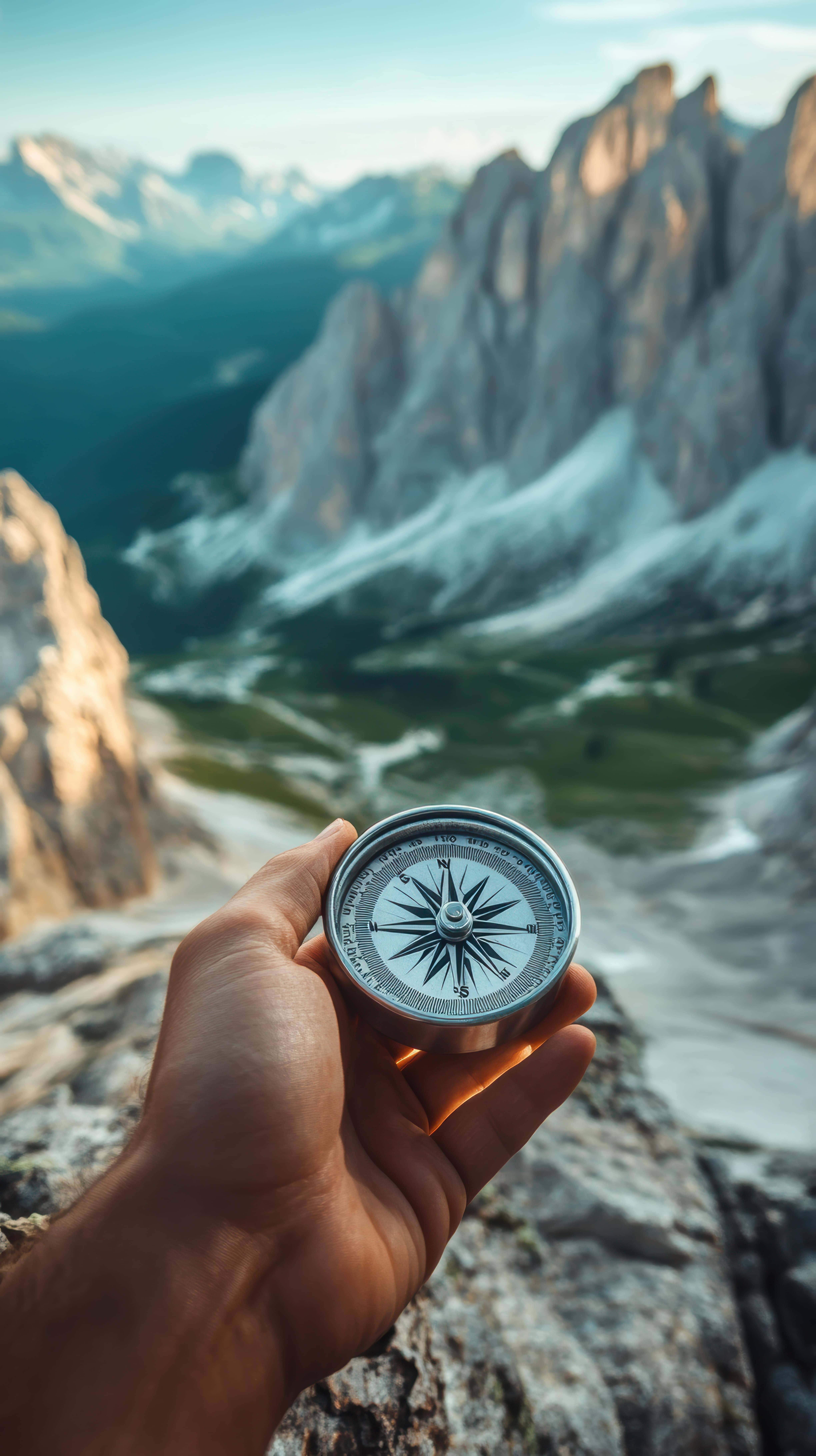 A hand holding a silver compass infront of some large, snow-crested mountains blurred in the background.