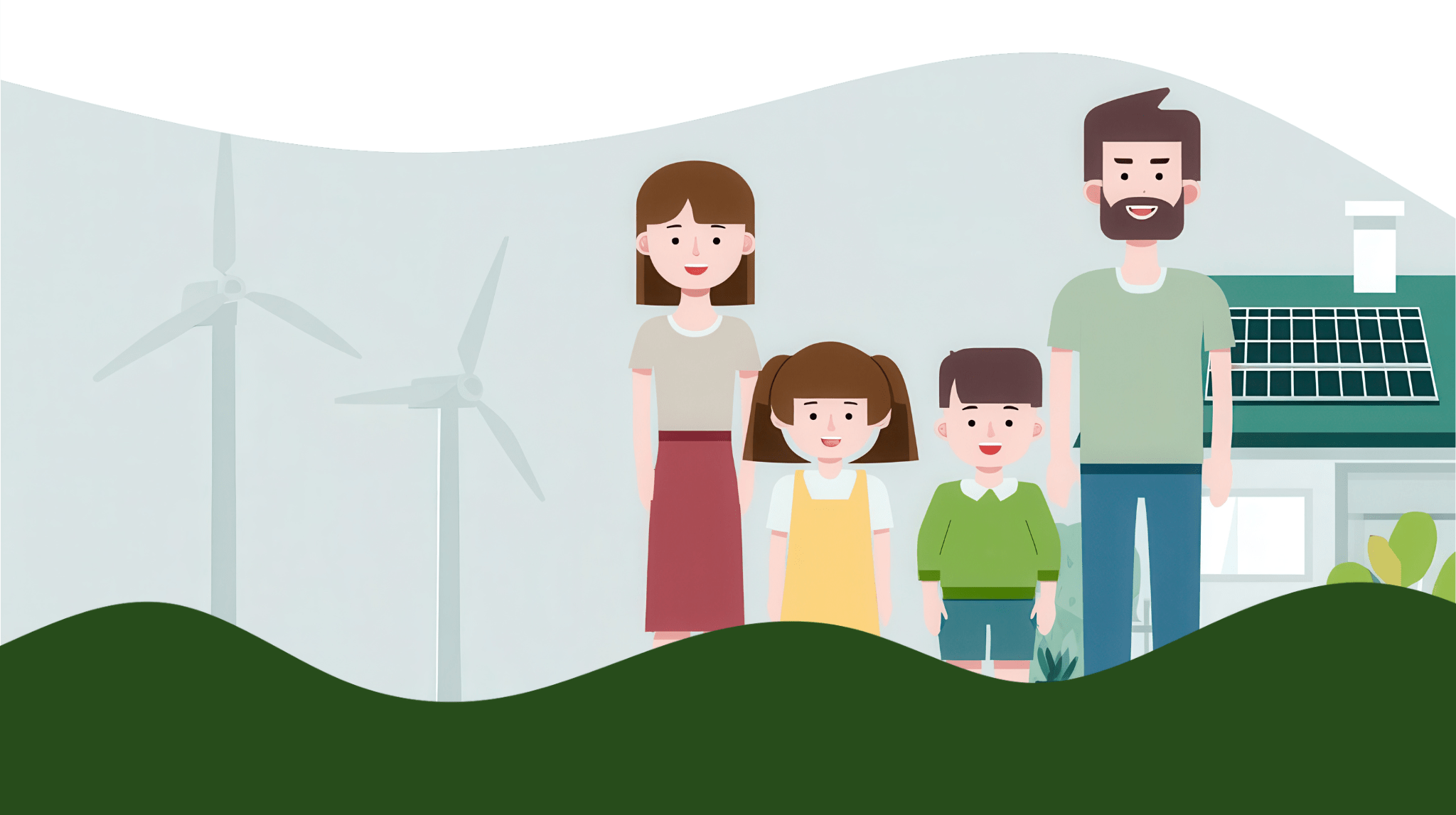 An animated family in fronthouse using renewable energy.