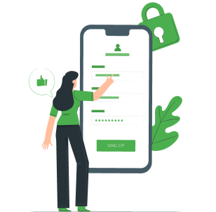 animated giant mobile login screen with small woman operating