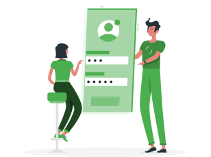 A dev and client going over a mobile login in animated style.