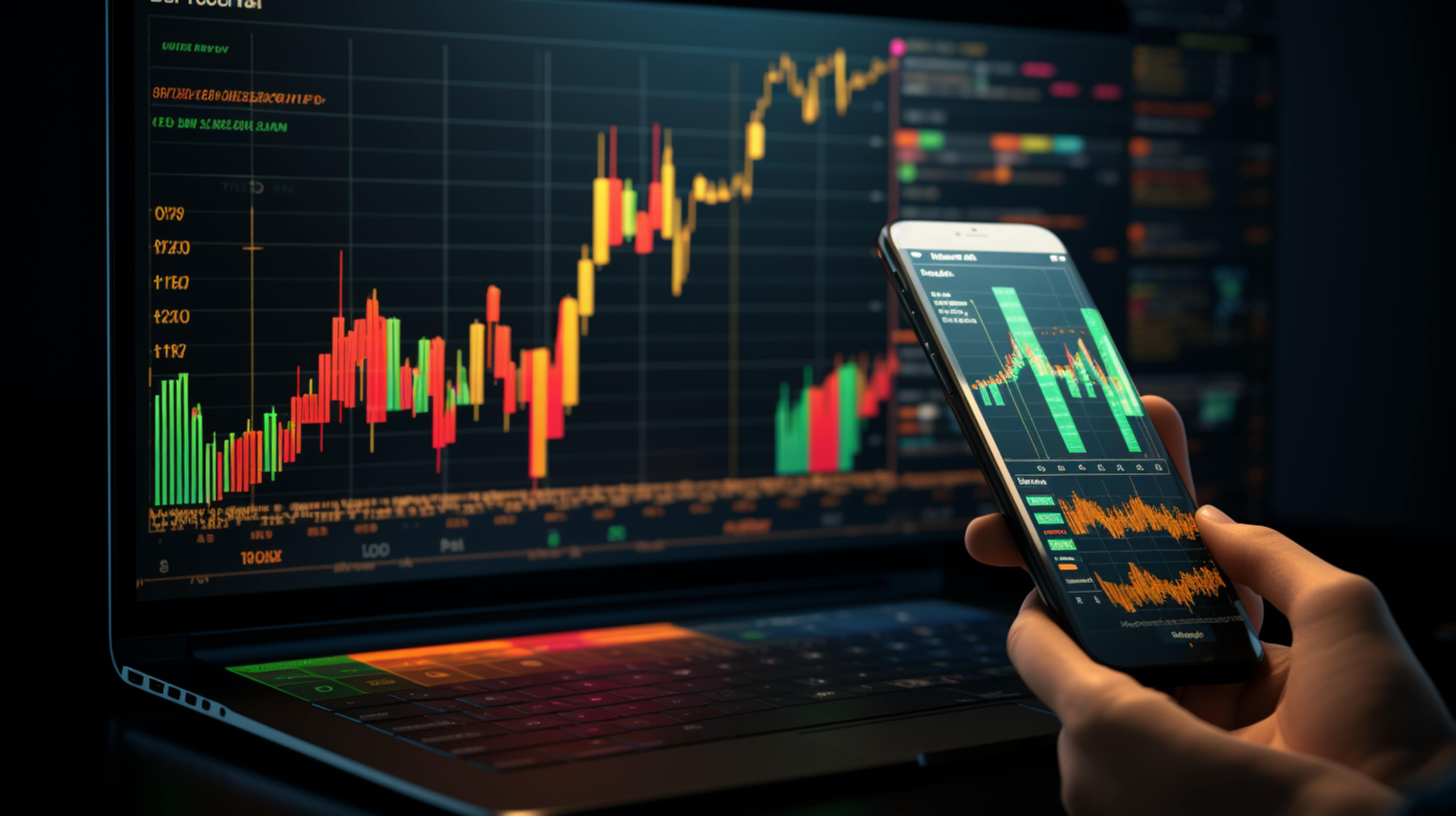 A monitor with trading plot-graph, and mobile screen with the same.